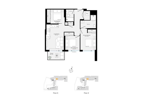 Floor plan for 3 beds, 2 baths, 880 sqft